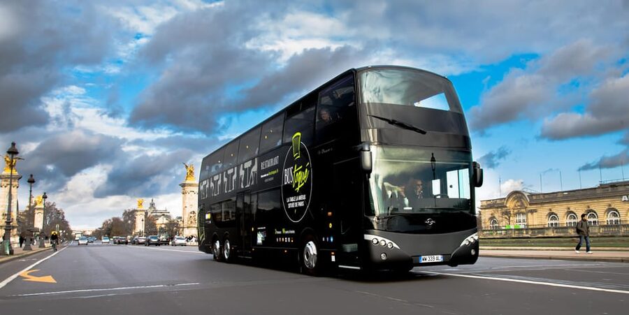 Bus Toqué Champs Elysées Tour w/ 3-Course Dinner & Champagne - A Glass-Roof Dinner Tour That Fits Paris Night Energy